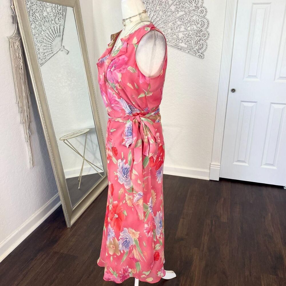 Ralph Lauren Cottage Core Pink Floral Silk Ruffle Frilly Wrap Midi Dress 8 / M - Picture 4 of 7